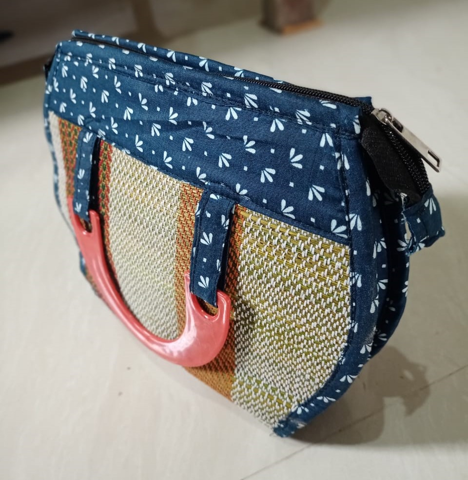 Ladies Hand Bag With Wooden Carrier - Blue - 0