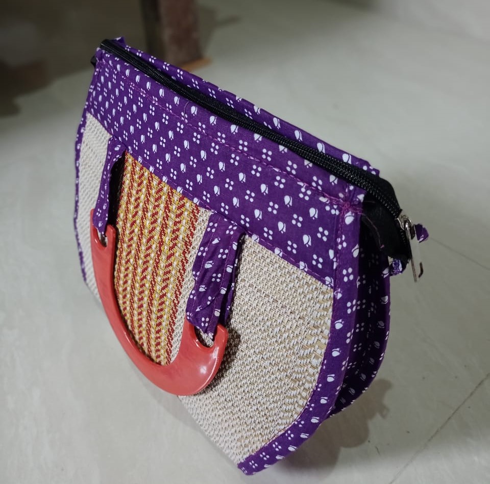 Ladies Hand Bag With Wooden Carrier - Purple - 2