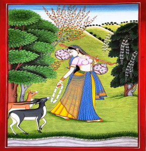 Lady With Garland Playing With Deer Painting (8x12 inch)