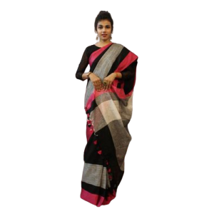 Linen Black Saree With Red Threadwork And Silver Zari