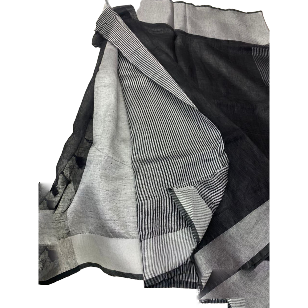 Linen By Linen Black With Silver Border Saree