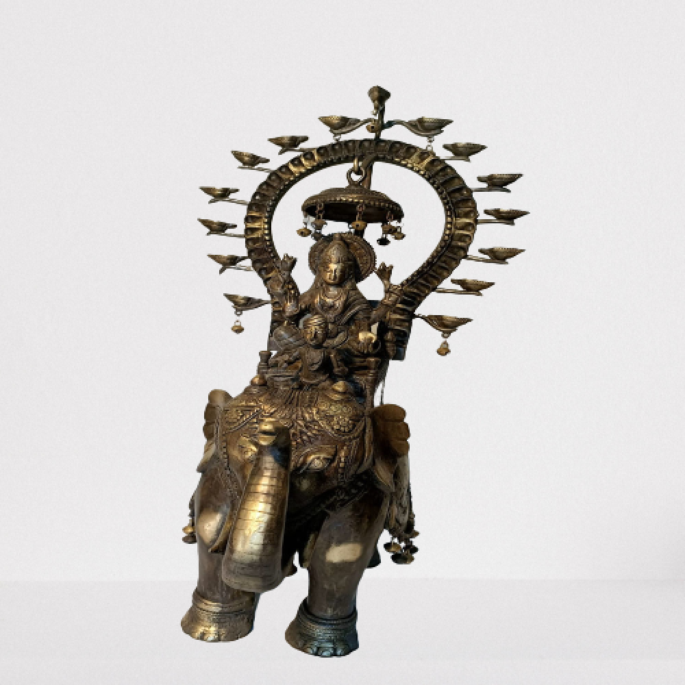 Mahalaxmi On Elephant Ride Bell Metal & Brass Art - 0