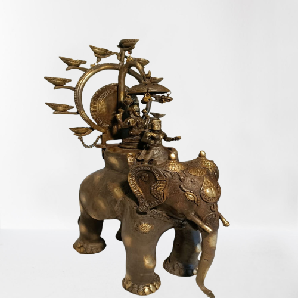 Mahalaxmi On Elephant Ride Bell Metal & Brass Art - 1