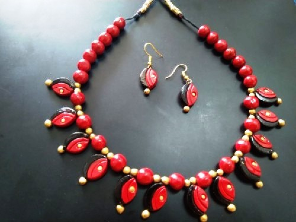 Latest Handmade Molela Terracotta Clay Jewellery Set in Beautiful Red Colour