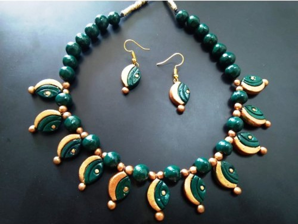 Handmade Molela Terracotta Clay Jewellery Set in Beautiful Dark Green Colour