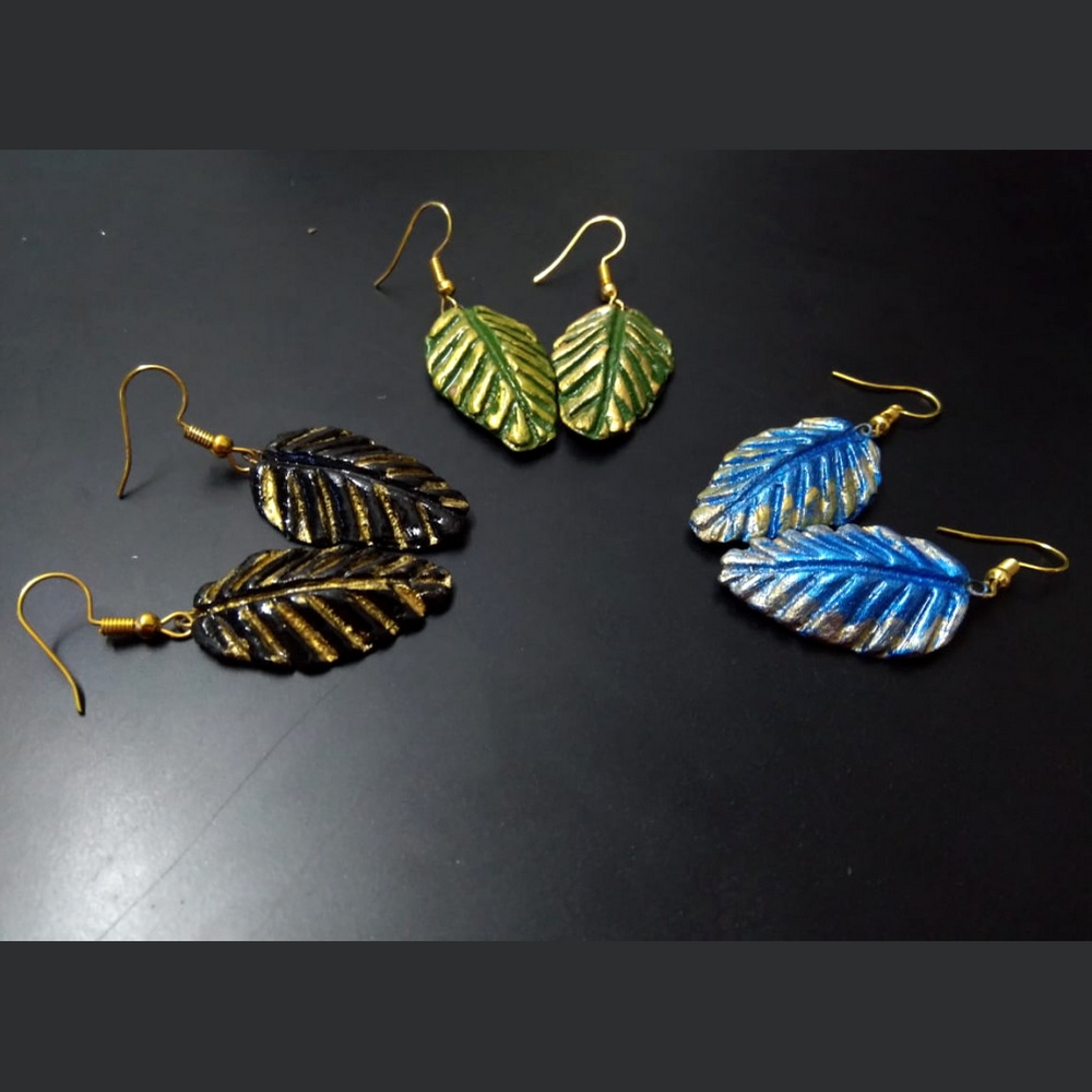 Molela Terracotta Clay Beautiful Earings Leaf Design Set of 3