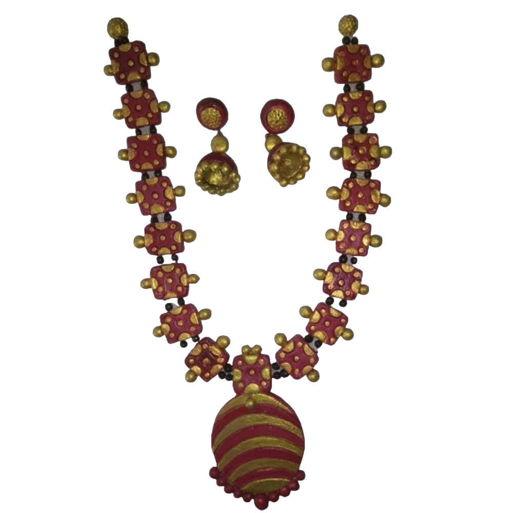 Molela Terracotta Maroon Gold Clay Beautiful Necklace