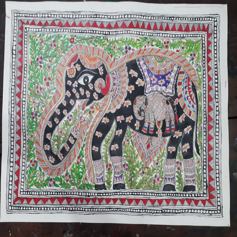 Mother & Baby Elephant Madhubani Painting