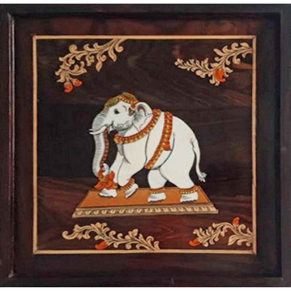 Traditional Handicraft Mysore Rosewood Inlay Wooden Painting of White Elephant