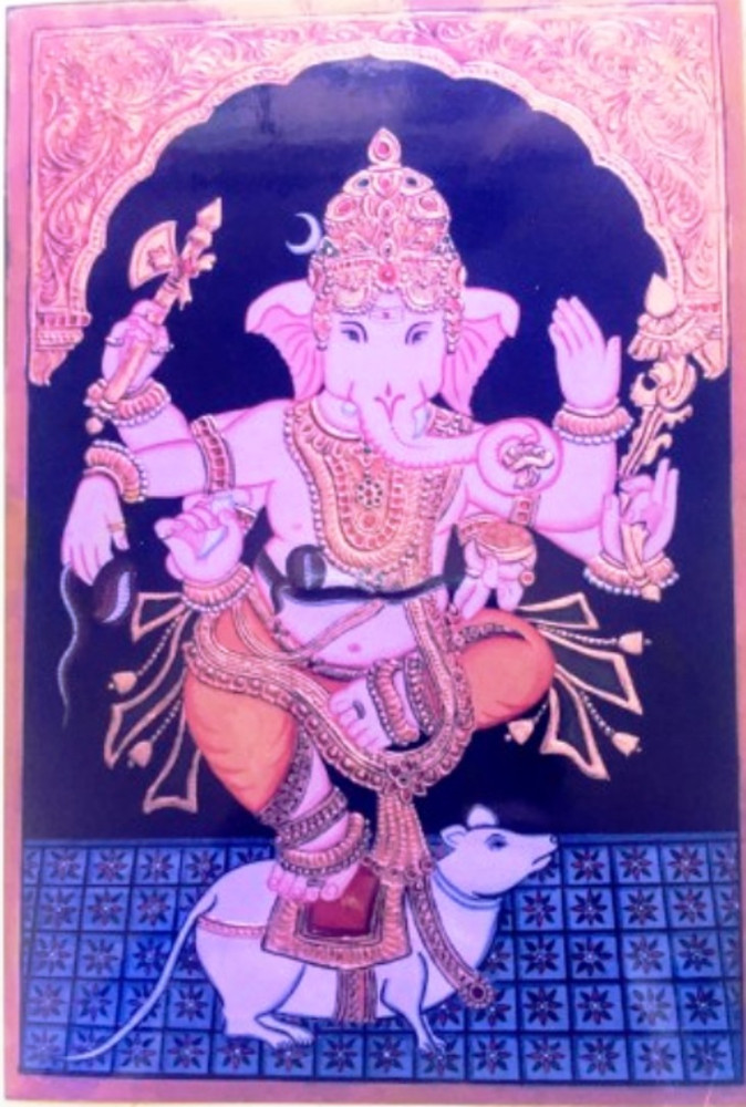 Handicraft Traditional Mysore Beautiful Painting Of Dancing Lord Ganesha With Wooden Frame