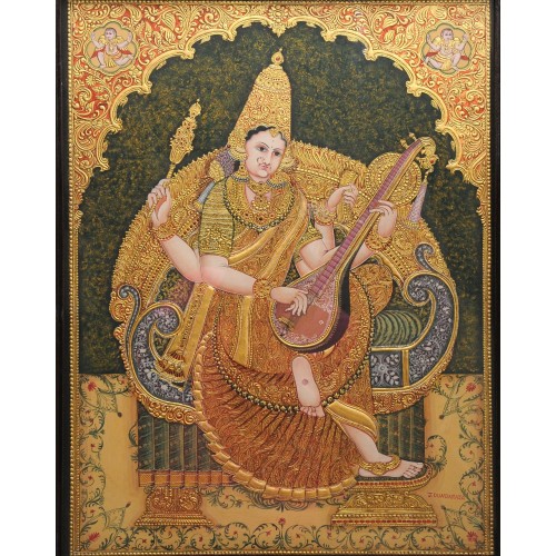 Embellishing Goddess of Knowledge Mata Saraswathi 18 x 24 inches Actual 22-Carat Gold Foil Mysore Tr