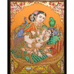 Beautiful Scene Of Maiyaa Yashoda With Kaanha 18 x 24 inches Actual 22-Carat Gold Foil Mysore Tradit