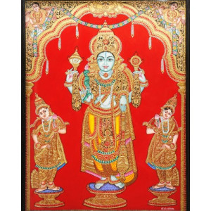 Beautiful Scene Of Lord Vishnu With Goddesses 18 x 24 inches Actual 22-Carat Gold Foil Mysore Tradit