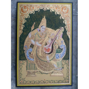 Goddess of Knowledge Mata Saraswathi 24x36 inches Actual 22-Carat Gold Foil Mysore Traditional Paint
