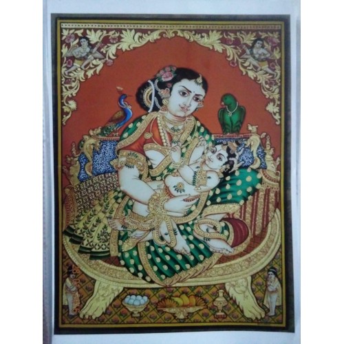Mata Yasodha Baby Krishna Elegant 18x24 inches 22-Carat Gold Foil Natural Colours Original Mysore