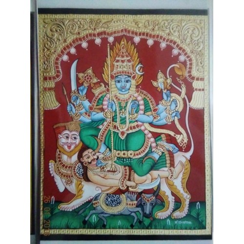 22-Carat Actual Gold Foil Mahishasura Mardini Mysore Traditional Painting 12x15inch