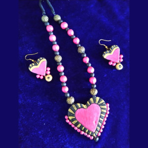 Pink Colour Molela Terracotta Clay Necklace Set