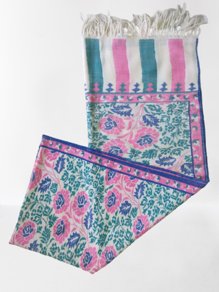 Pink & Green Floral Design Kani Shawl - 2