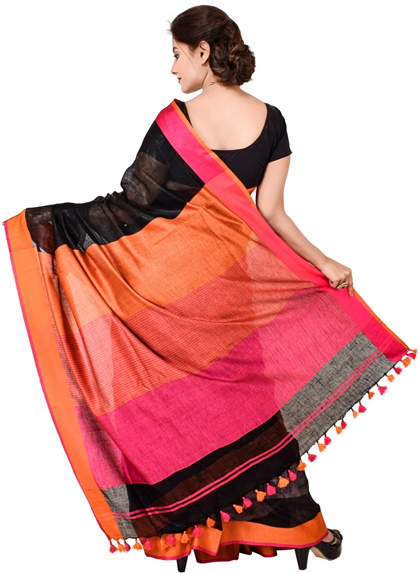 Plain Handloom Linen Saree (Black) - 0