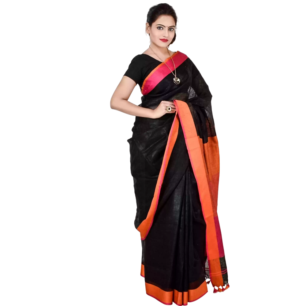 Plain Handloom Linen Saree (Black)