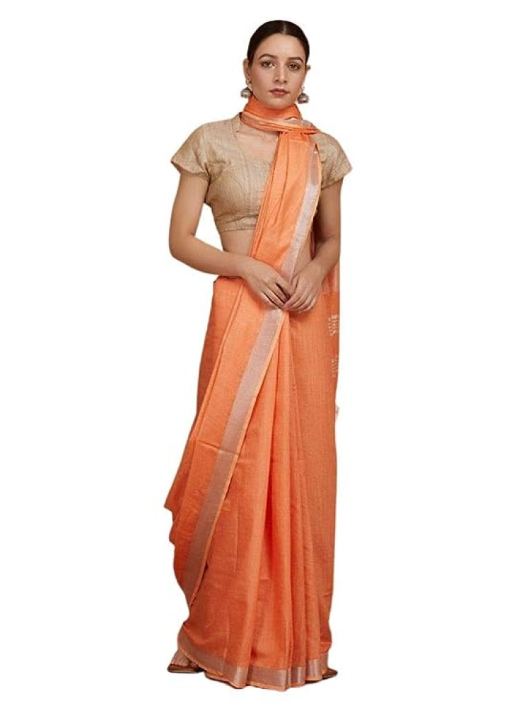 Plain Handloom Linen Saree (Orange) - 0