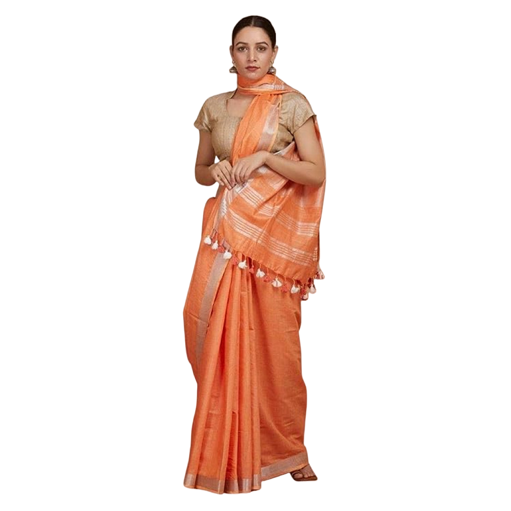 Plain Handloom Linen Saree (Orange)