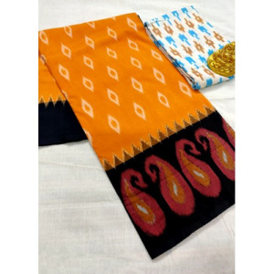 Traditional Pochampally Ikat Handloom Cotton Printed Saree in Yellow & Black Color for Women