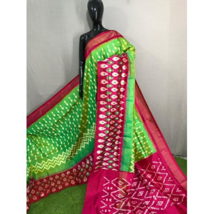 Prettify Pochampally Ikkat Light Weighted Silk Light Green Colour & Pink Border Mix Colour Saree