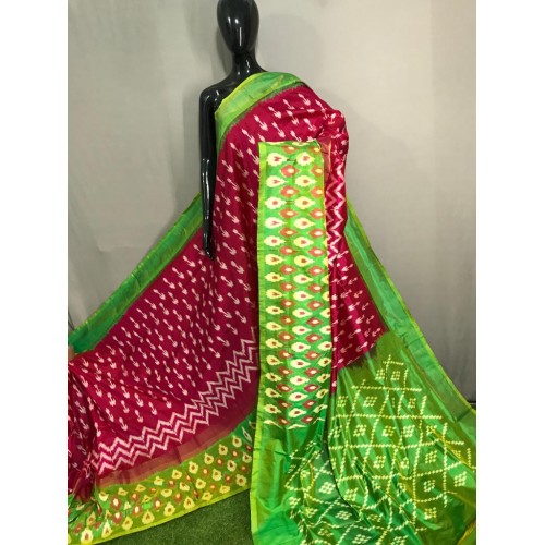 Prettify Pochampally Ikkat Light Weighted Silk Red & Light Green Border Mix Colour Saree for Cla