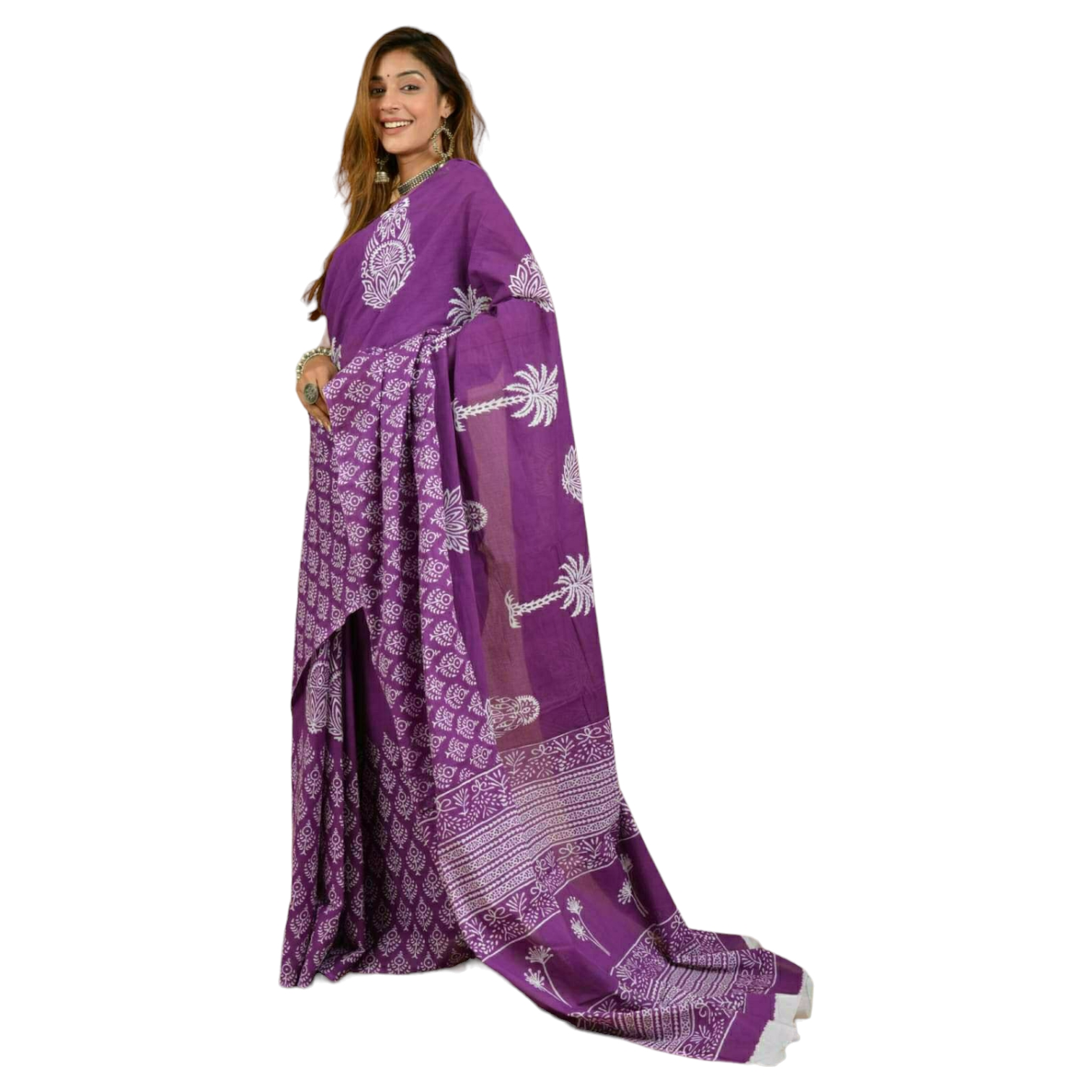 Purple and White colour Bagru Print Saree