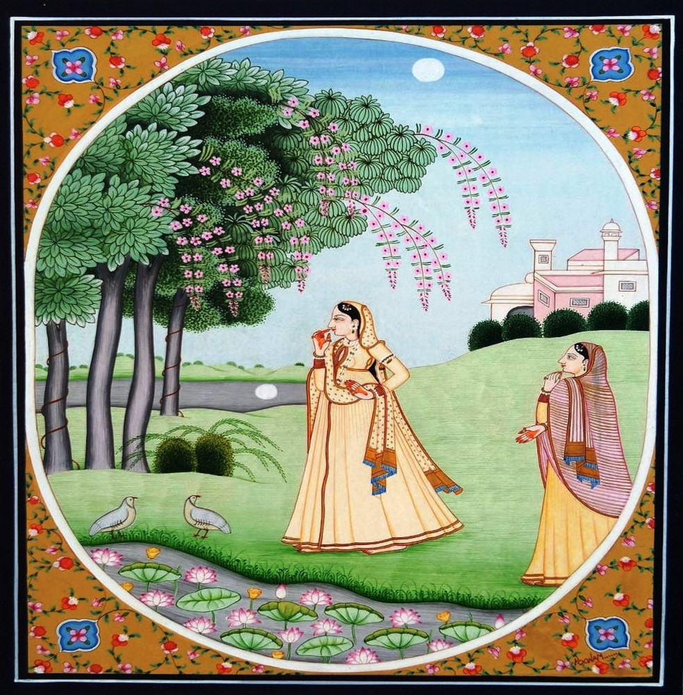 Queen In Palace Garden Kangra Painting (8x11 inch)