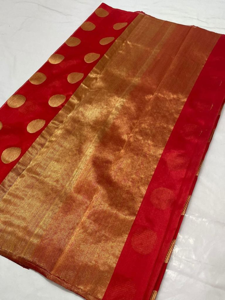 Red and Gold Butta Chanderi Pattu Saree - 0