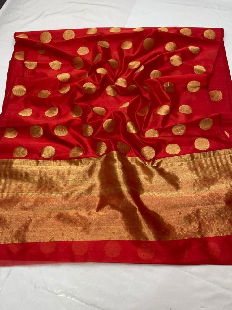 Red and Gold Butta Chanderi Pattu Saree - 3