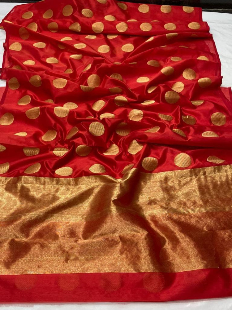 Red and Gold Butta Chanderi Pattu Saree - 4