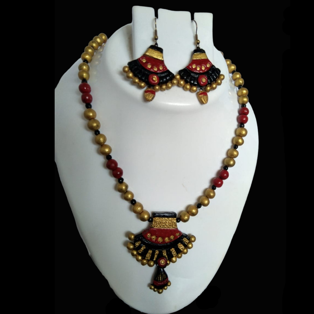 Red and Gold Colour Beautiful Molela Terracotta Clay Necklace Set