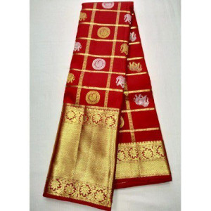Red & Golden Dharmavaram Pattu Silk Saree with Golden Zari