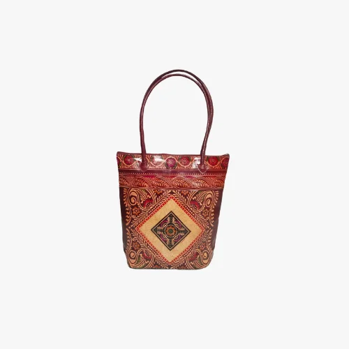 Shantiniketan Genuine Leather Handcrafted Batik Printed Big Size Shopping Bag