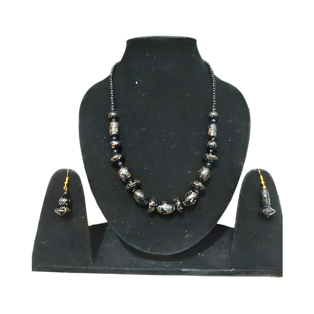 Single Line Grey Matt Finish Glass Beads Necklace Set