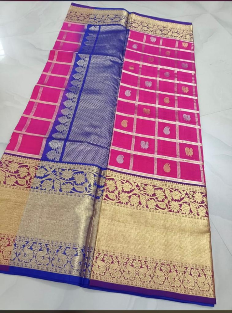 Stunning Venkatagiri Rani Pink with Blue Border Saree - 0