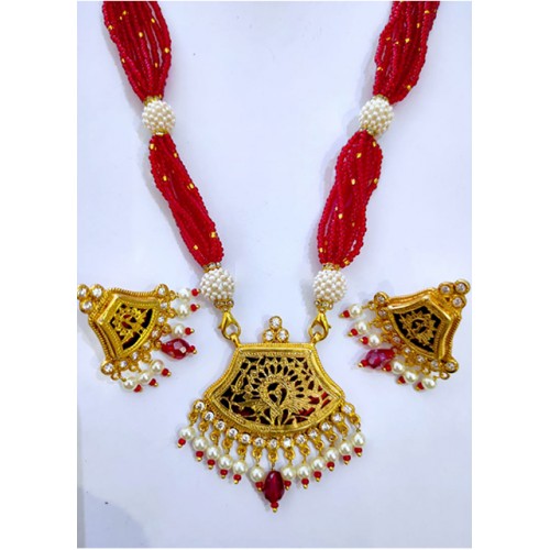 Authentic Handicraft Thewa Art Gold Work Jewellery Of Peacock Design In Red And White Pearl