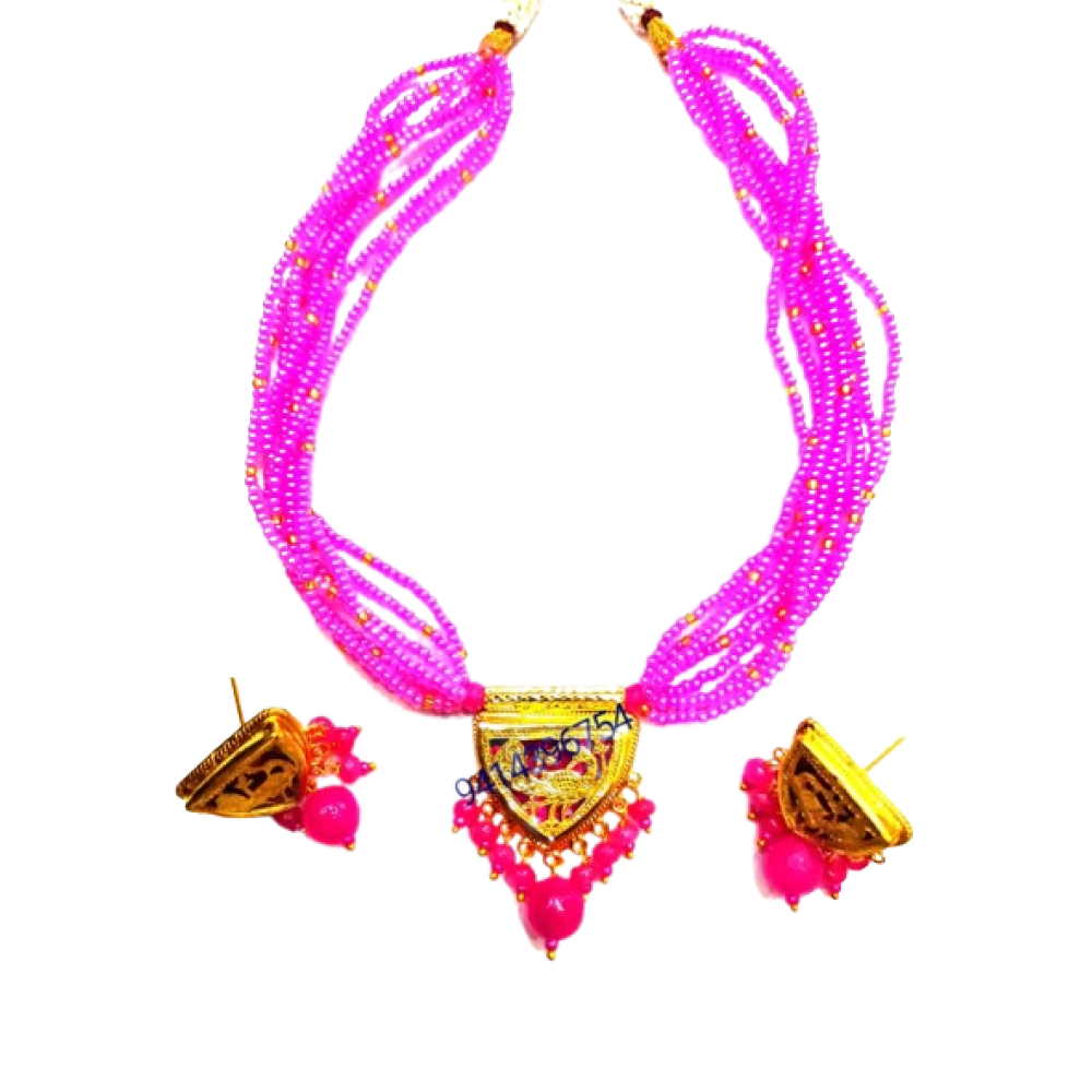 Thewa Art Gold Work Neckless Set Pink Pearl
