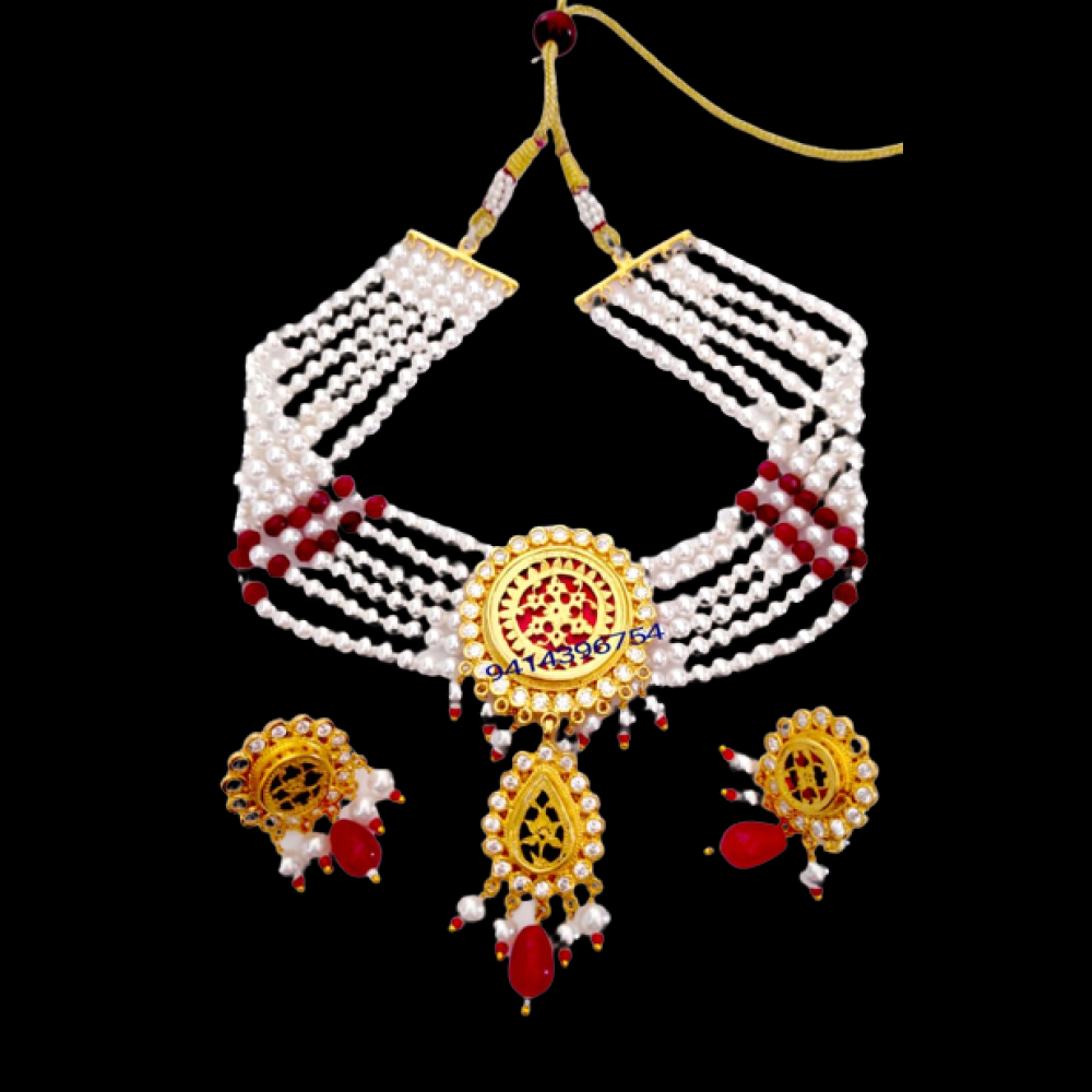 Thewa Art Gold Work Neckless Set White Colour Beads