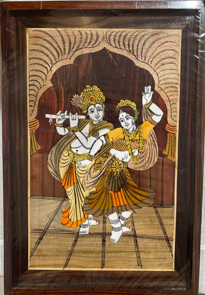 Traditional Handicraft Mysore Rosewood Inlay Wooden Painting Of Dancing Radha Krishna