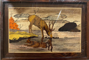 Traditional Handicraft Mysore Rosewood Inlay Wooden Painting Of Deer Drinking Water