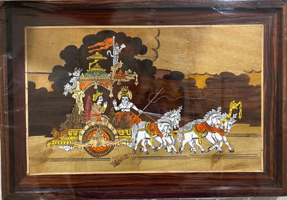 Traditional Handicraft Mysore Rosewood Inlay Wooden Painting Of Geeta Upadesham