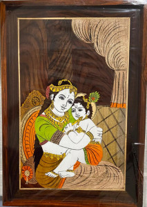 Traditional Handicraft Mysore Rosewood Inlay Wooden Painting Of Krishna Yashoda