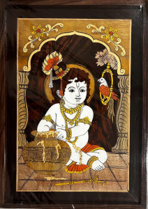 Traditional Handicraft Mysore Rosewood Inlay Wooden Painting Of Krishna
