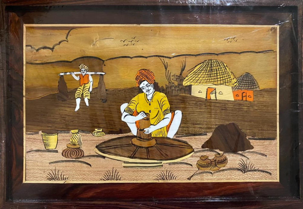 Traditional Handicraft Mysore Rosewood Inlay Wooden Painting Of Man making Pottery