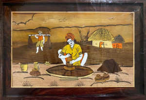 Traditional Handicraft Mysore Rosewood Inlay Wooden Painting Of Man making Pottery
