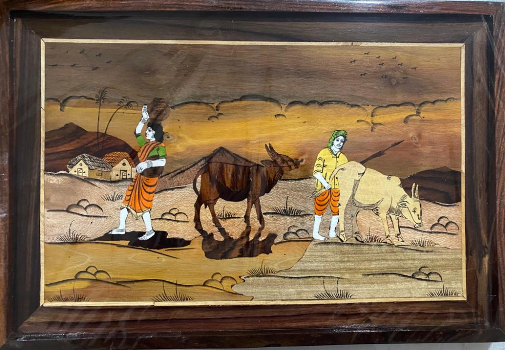Traditional Handicraft Mysore Rosewood Inlay Wooden Painting Of Men with Buffalo & Women Carring Water Pot on her Head